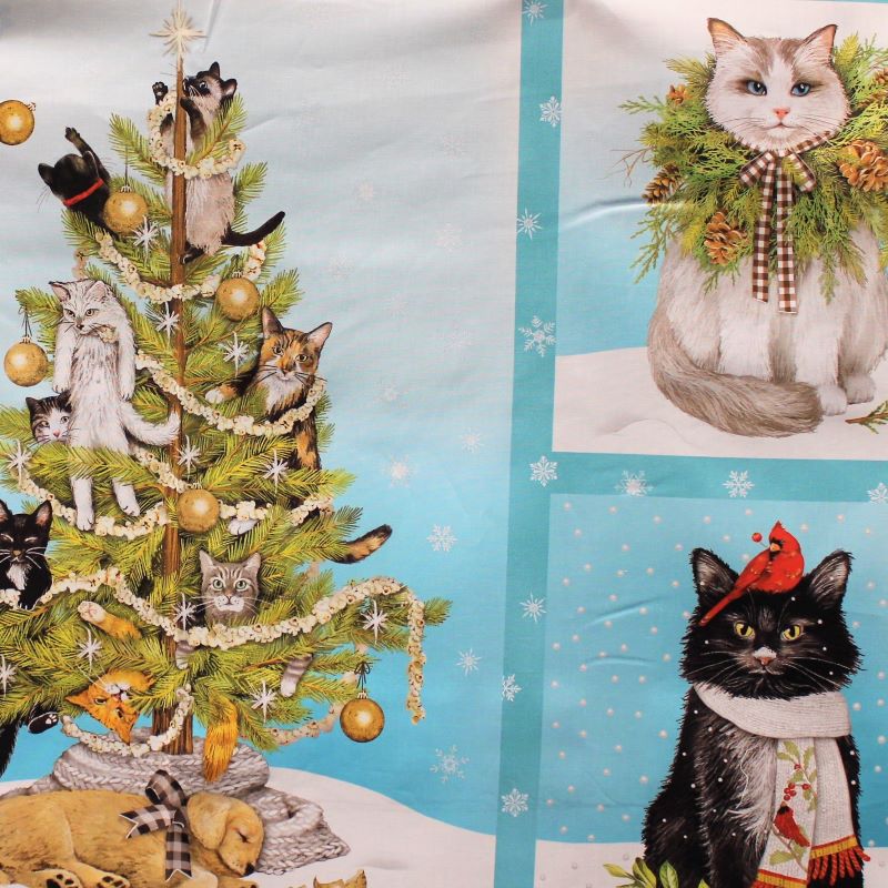 Holly Jolly Christmas Kitty Panel - 24"x 45" - 100% Cotton