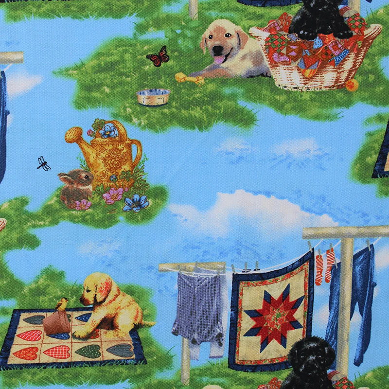 Pups in Garden - 45" - 100% Cotton